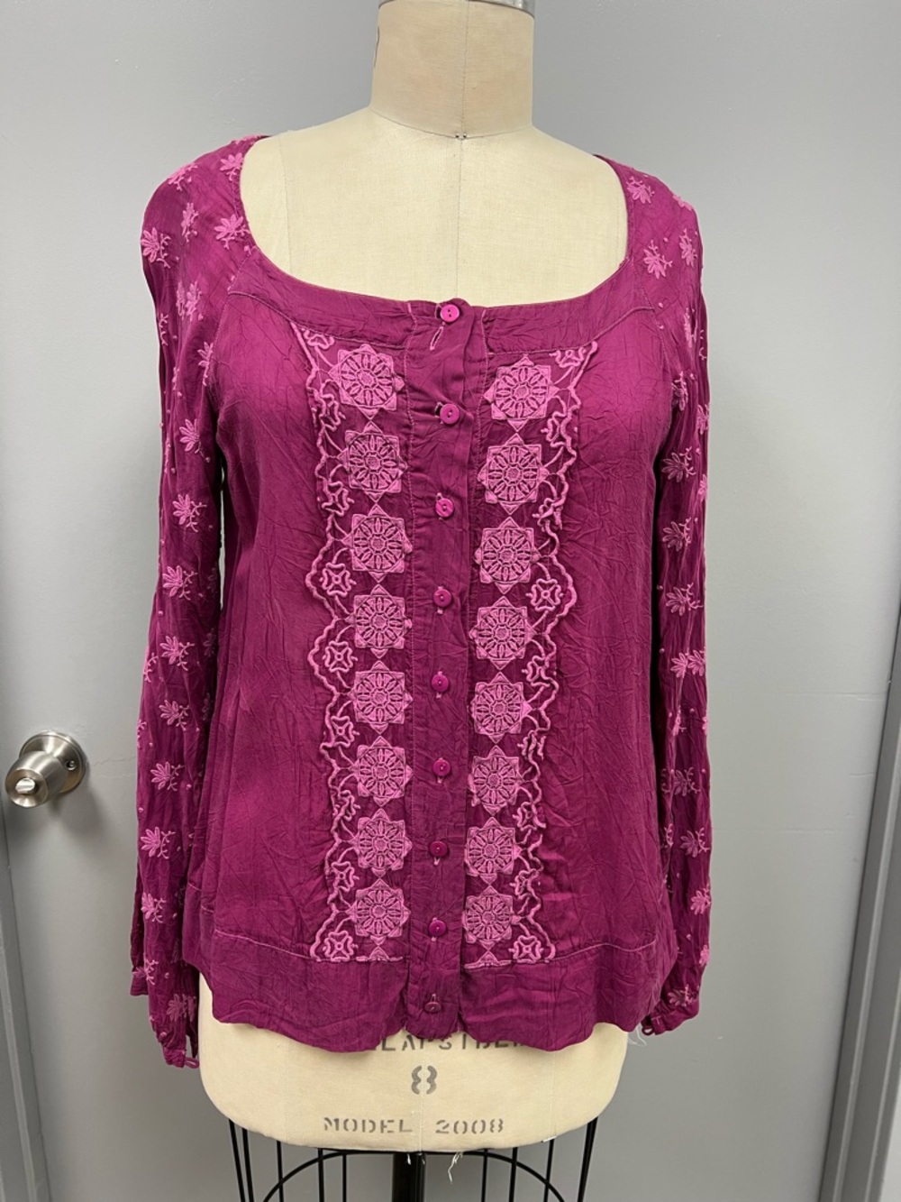 Johnny Was Magenta Embroidered Button-Down Top